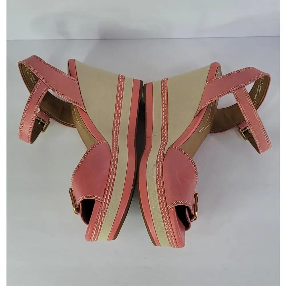 CLARKS Coral-Pink Zia Wedges Sandals with Gold Tone Buckle Women's Size 9M